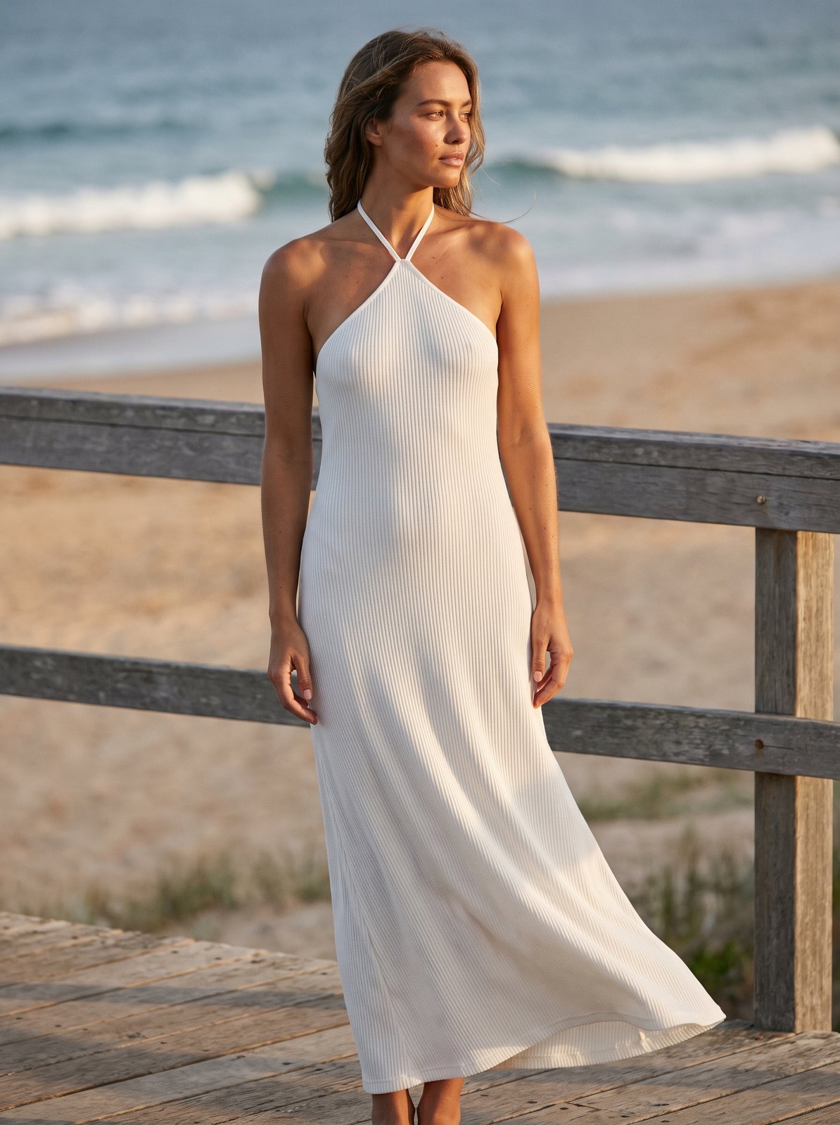 Greta Soft White Ribbed Halter Maxi Dress by Riley Belle