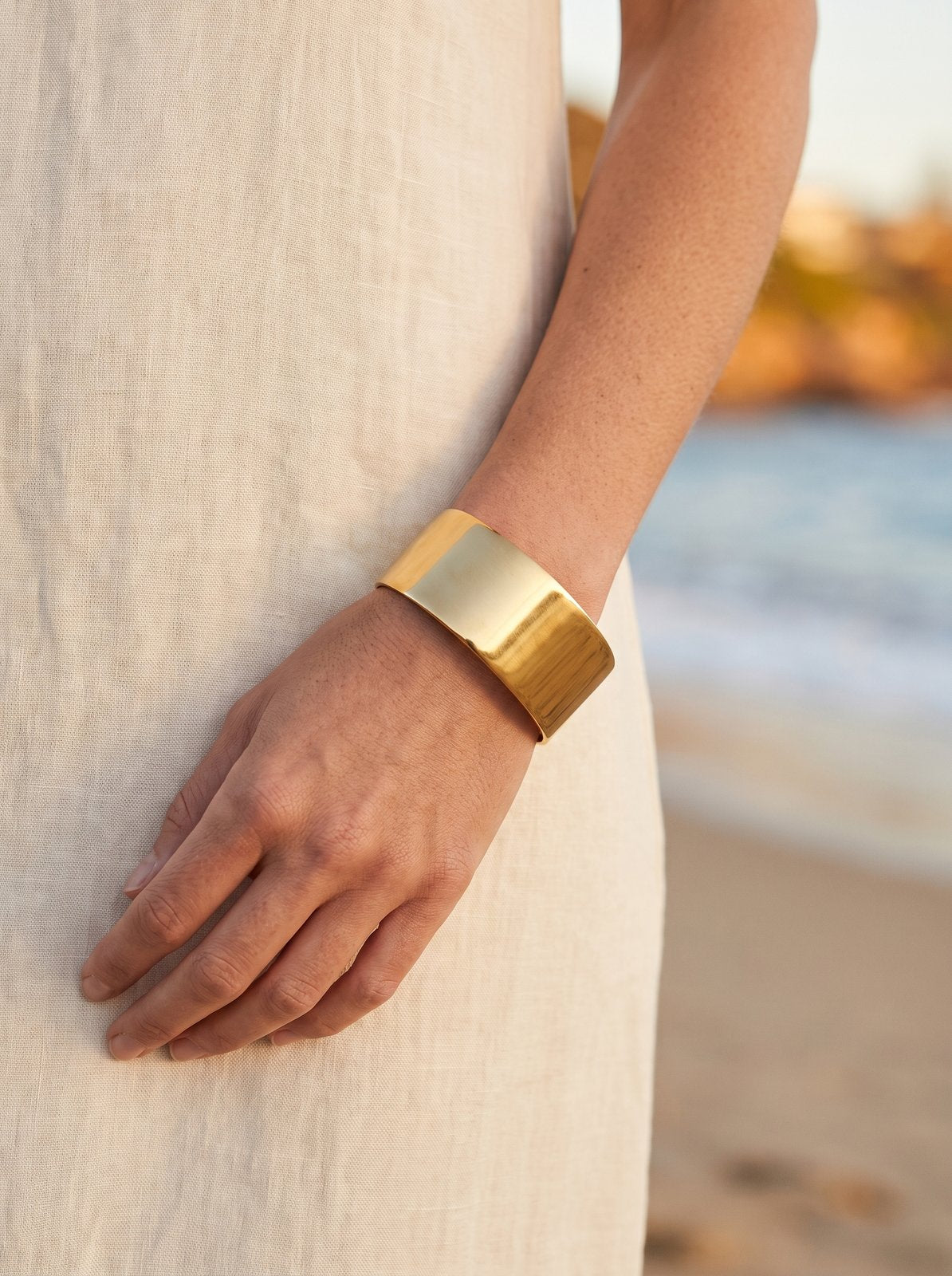 Harlow Gold Cuff Bangle lifestyle by Riley Belle