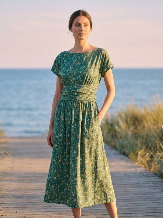Green floral boat neck summer midi dress by Riley Belle