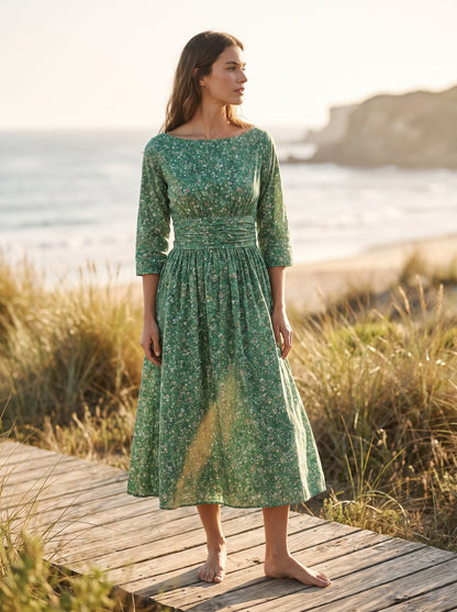 Green floral boat neck summer midi dress by Riley Belle