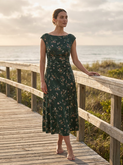 Green floral boat neck summer midi dress by Riley Belle