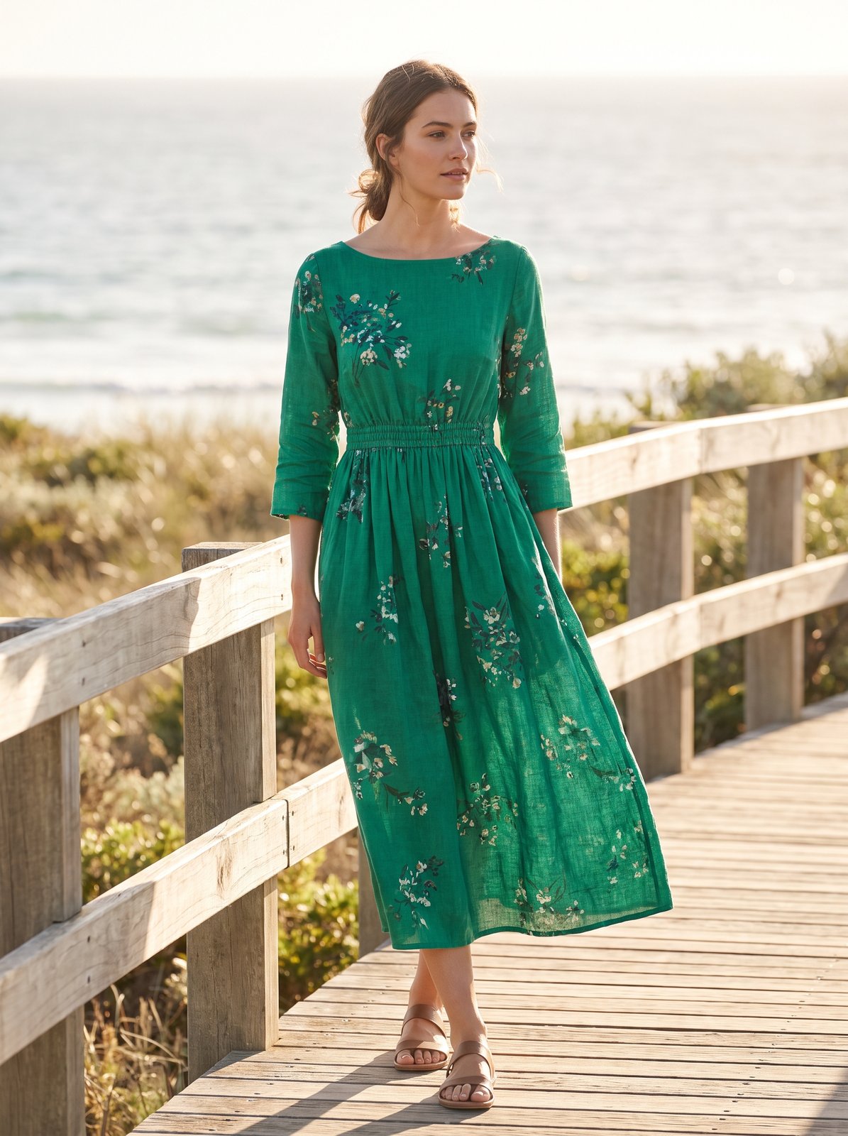 Green floral boat neck summer midi dress by Riley Belle