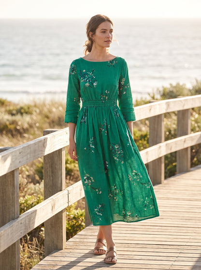 Green floral boat neck summer midi dress by Riley Belle