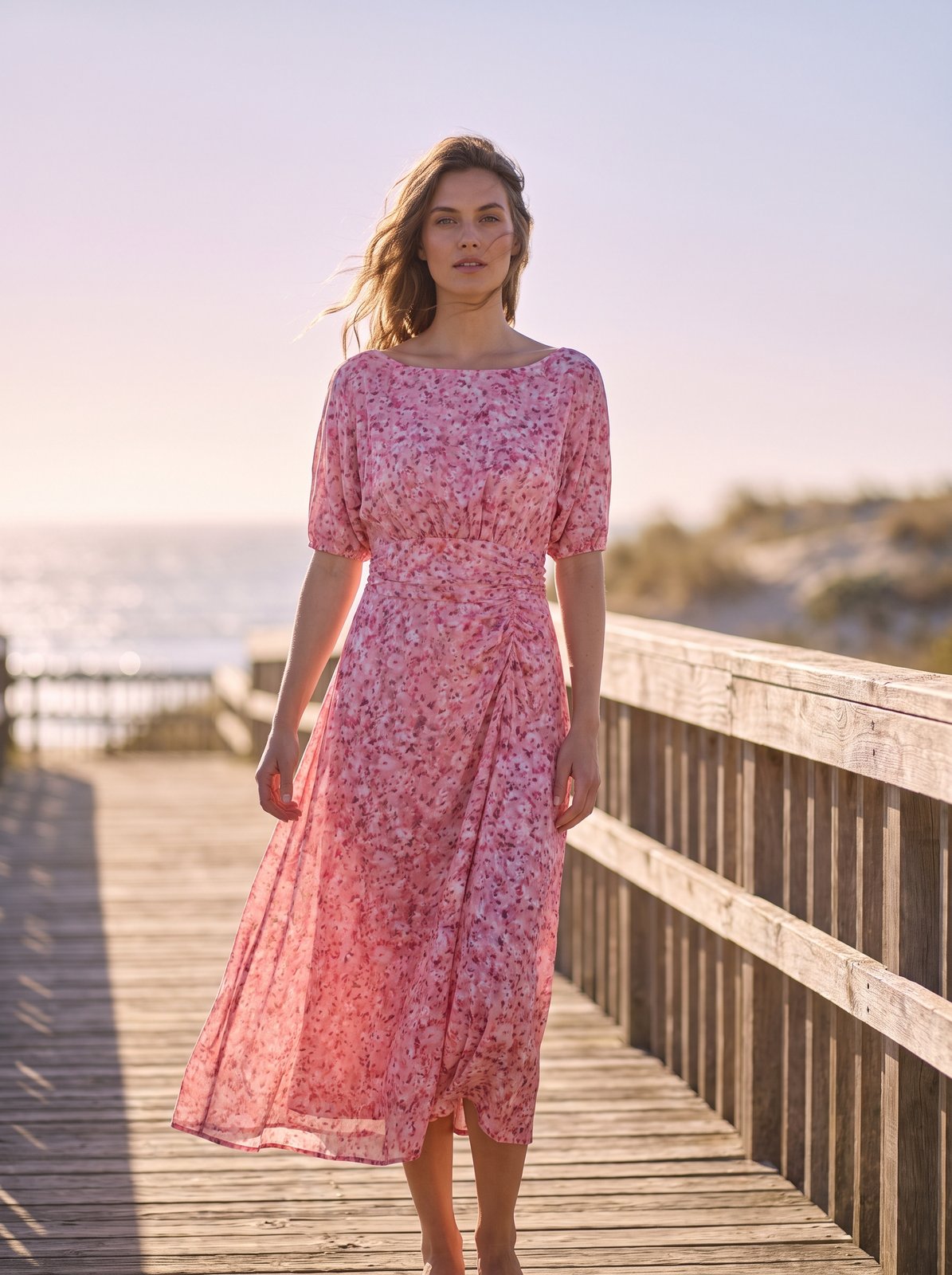 Pink floral boat neck summer midi dress by Riley Belle