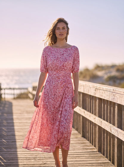 Pink floral boat neck summer midi dress by Riley Belle