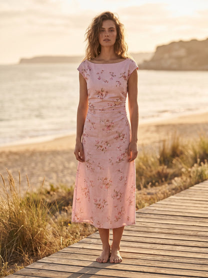 Pink floral boat neck summer midi dress by Riley Belle