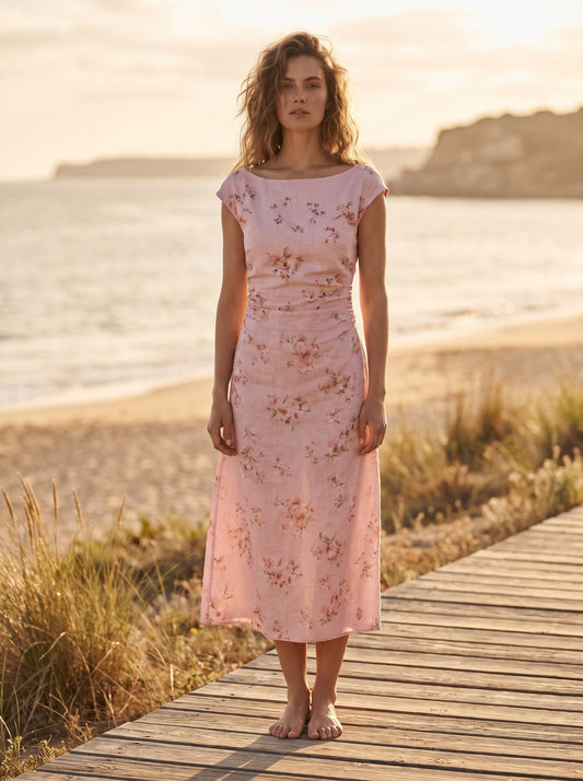 Pink floral boat neck summer midi dress by Riley Belle