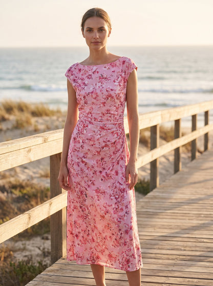 Pink floral boat neck summer midi dress by Riley Belle