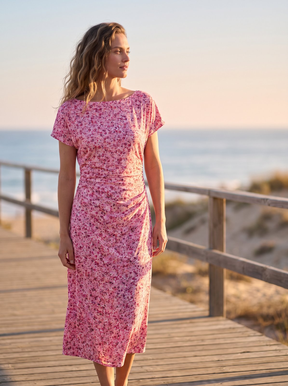 Pink floral boat neck summer midi dress by Riley Belle