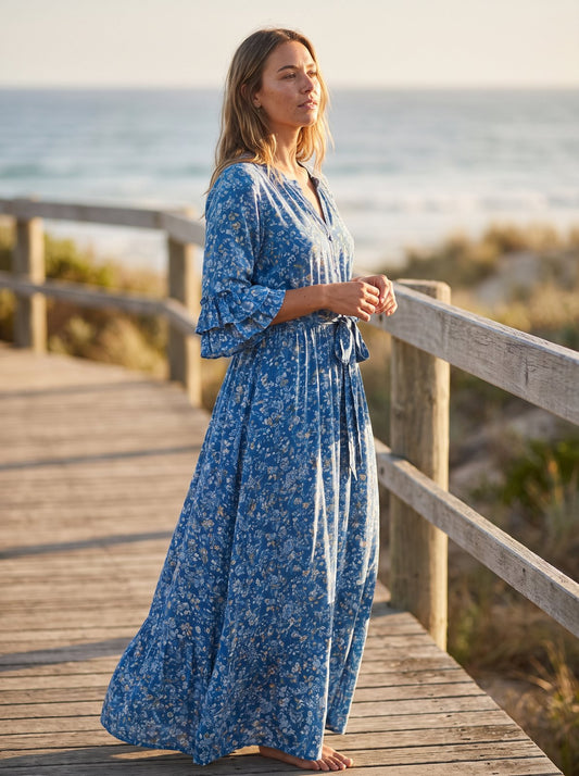 Heidi Golden Blue Floral Ruffle Maxi Dress by Riley Belle