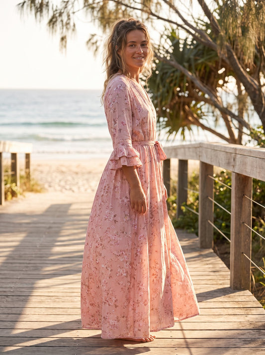 Heidi Golden Pink Floral Ruffle Maxi Dress by Riley Belle