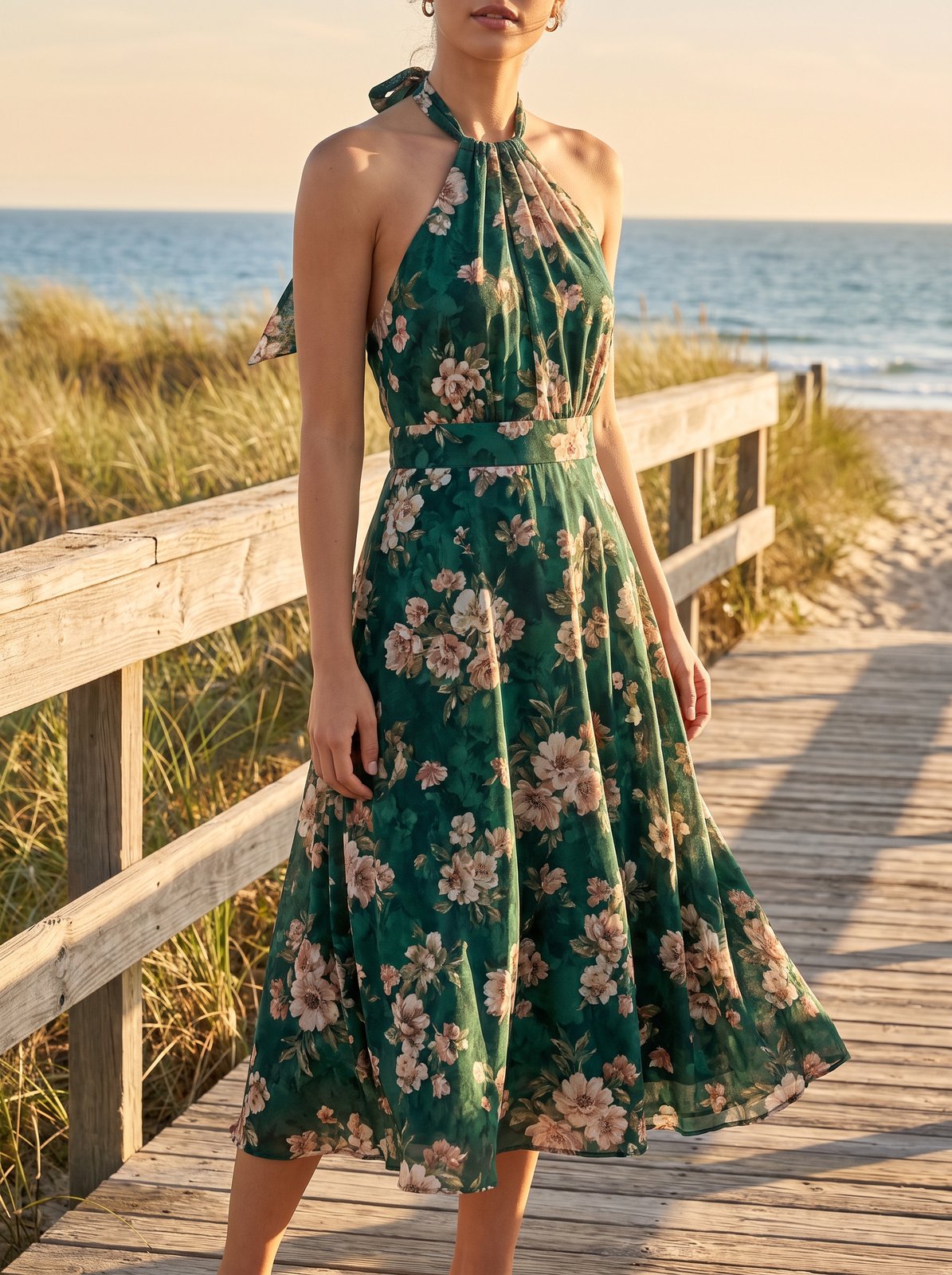 Green floral halter wedding guest midi dress by Riley Belle