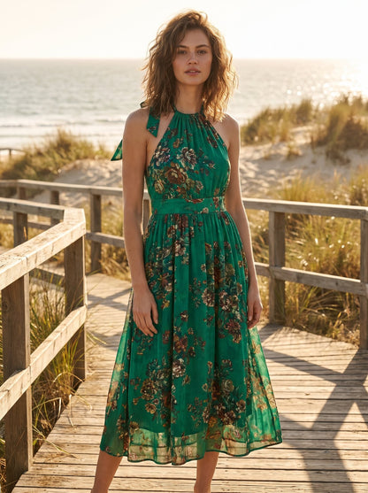 Green floral halter wedding guest midi dress by Riley Belle