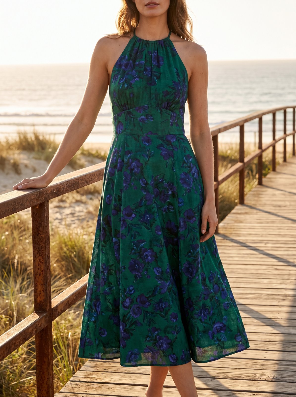 Green floral halter wedding guest midi dress by Riley Belle