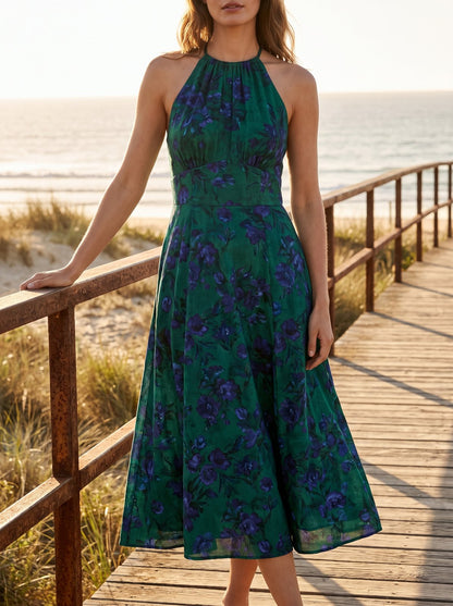 Green floral halter wedding guest midi dress by Riley Belle