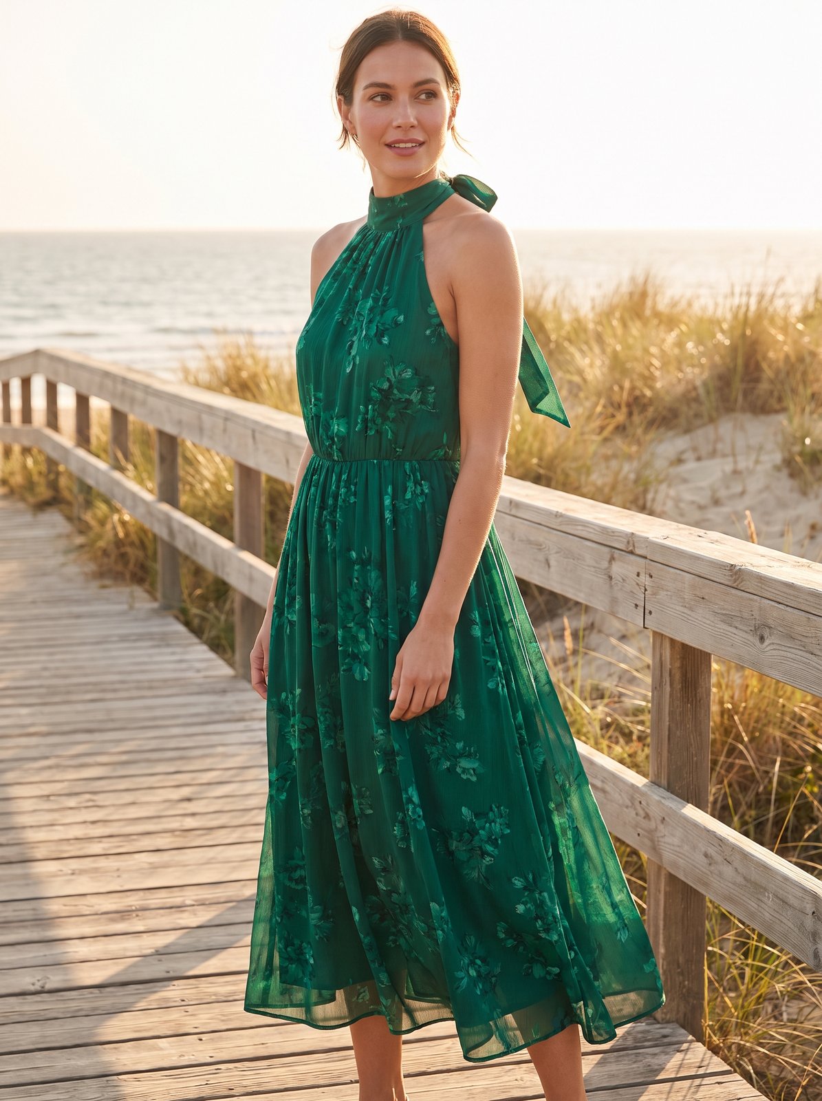 Green floral halter wedding guest midi dress by Riley Belle