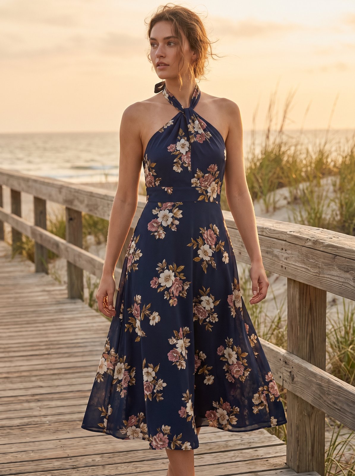 Navy floral halter wedding guest midi dress by Riley Belle