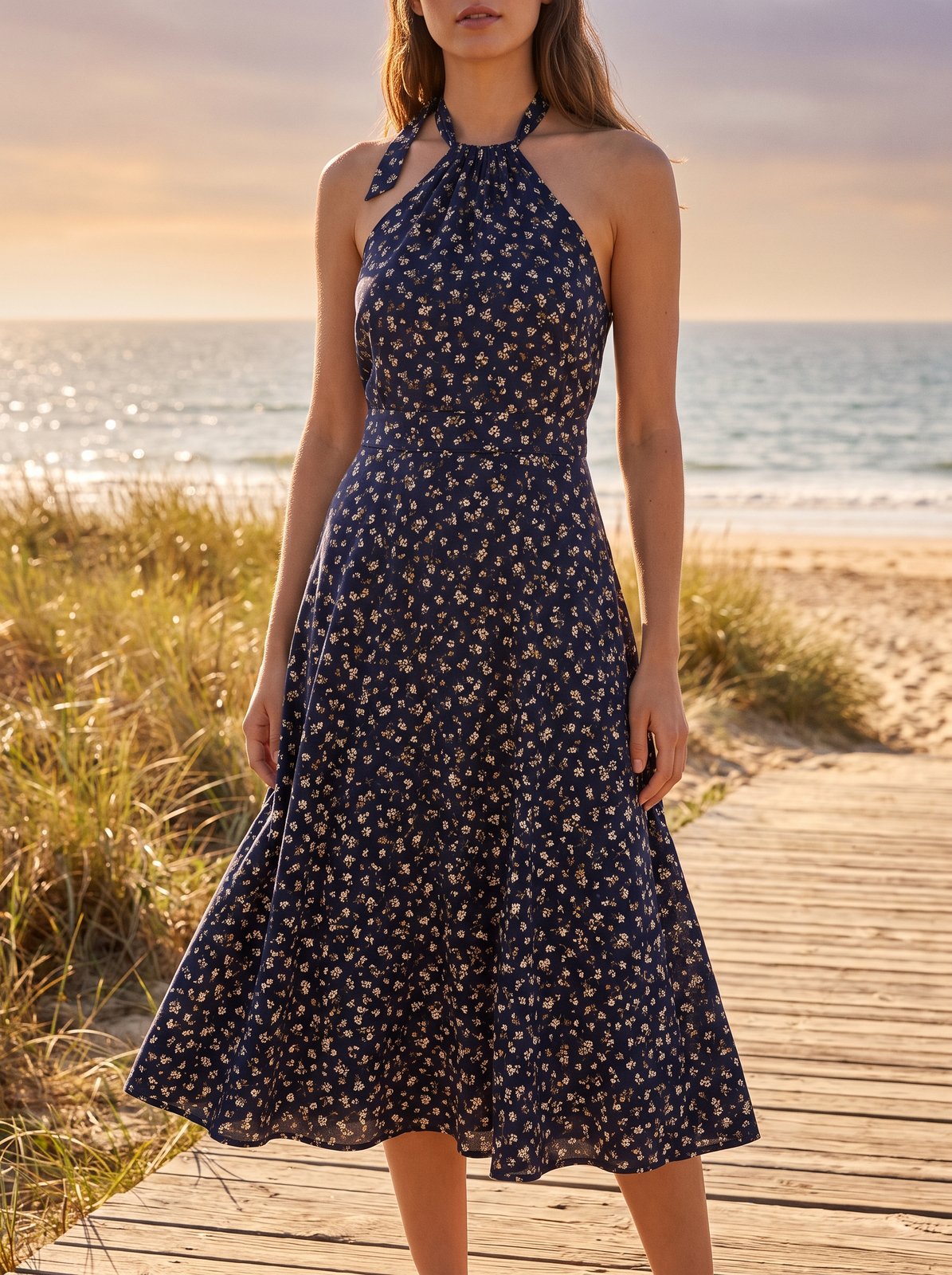 Navy floral halter wedding guest midi dress by Riley Belle