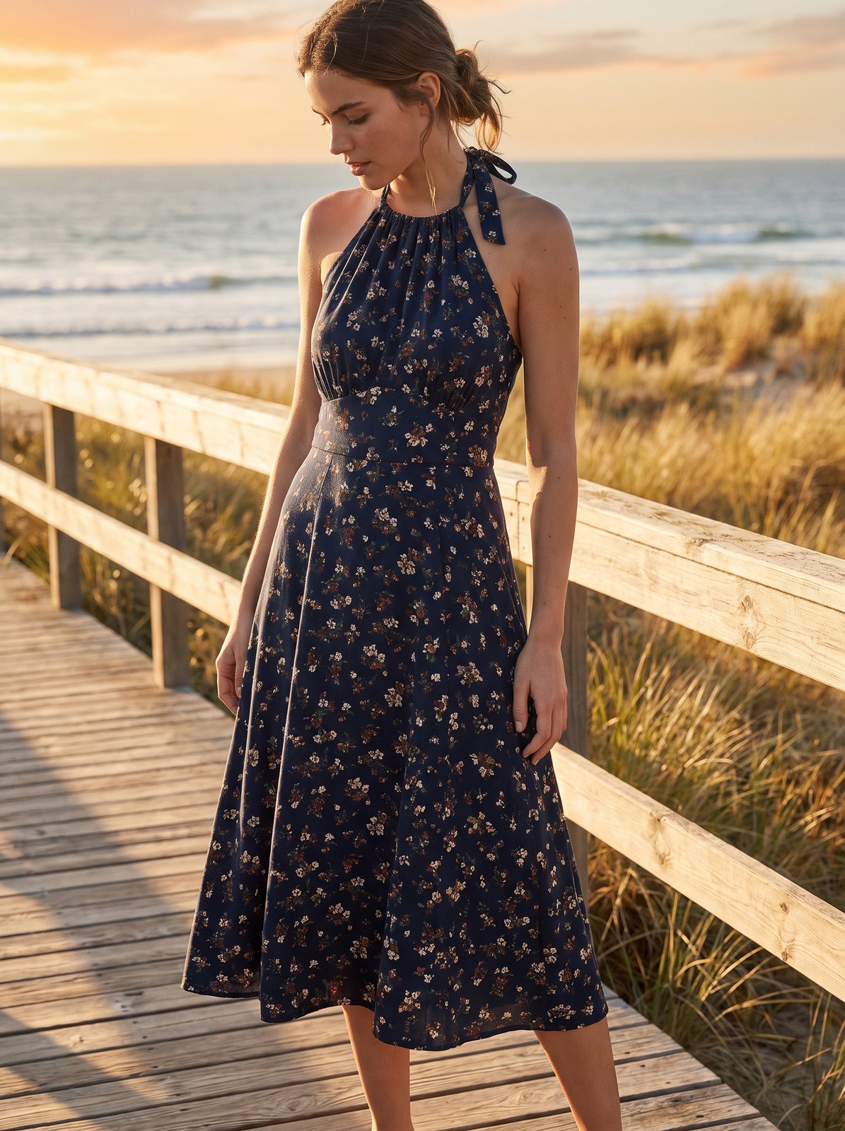 Navy floral halter wedding guest midi dress by Riley Belle