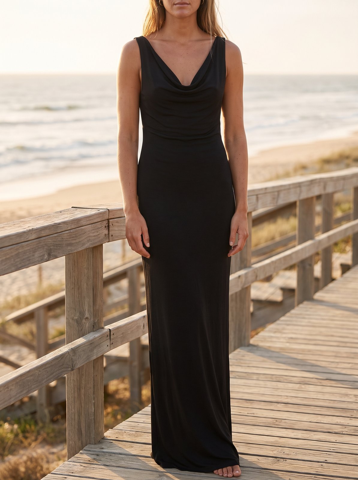Iris Fluid Black Slinky Cowl Neck Maxi Dress by Riley Belle