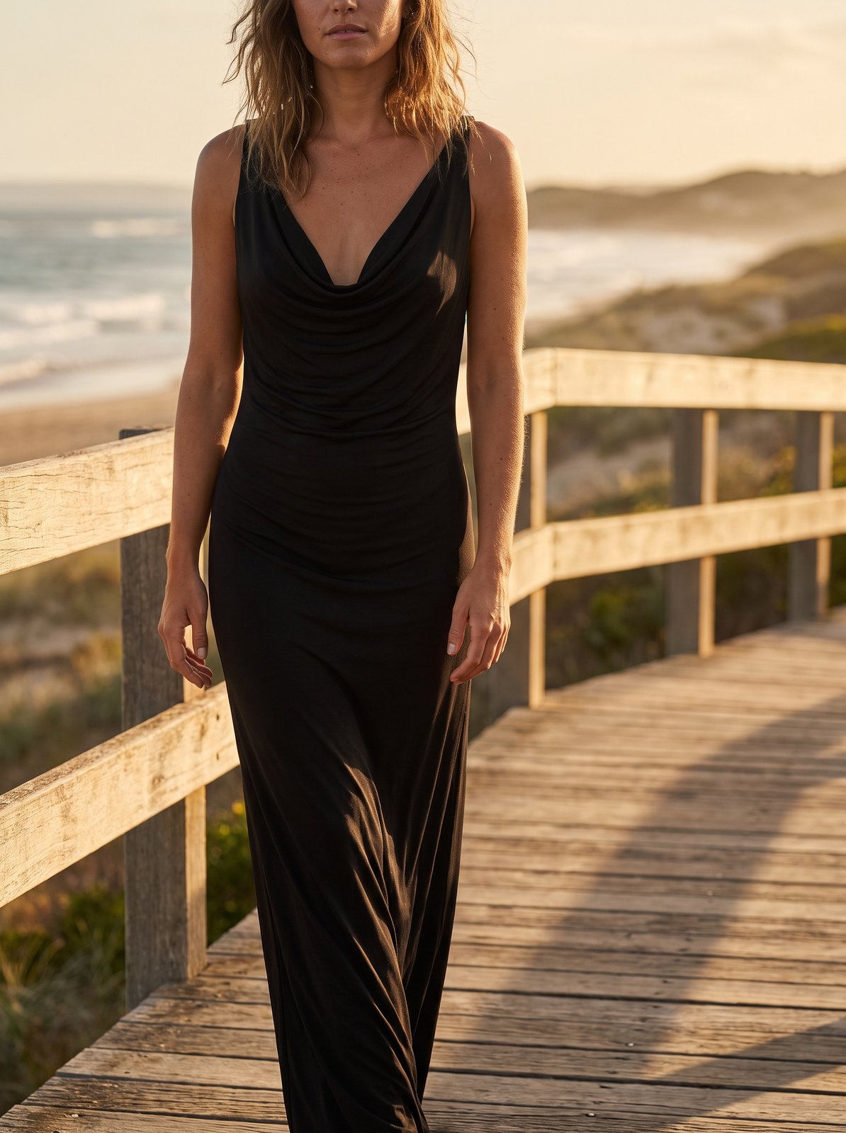 Iris Fluid Black Slinky Cowl Neck Maxi Dress by Riley Belle
