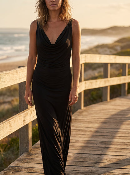 Iris Fluid Black Slinky Cowl Neck Maxi Dress by Riley Belle