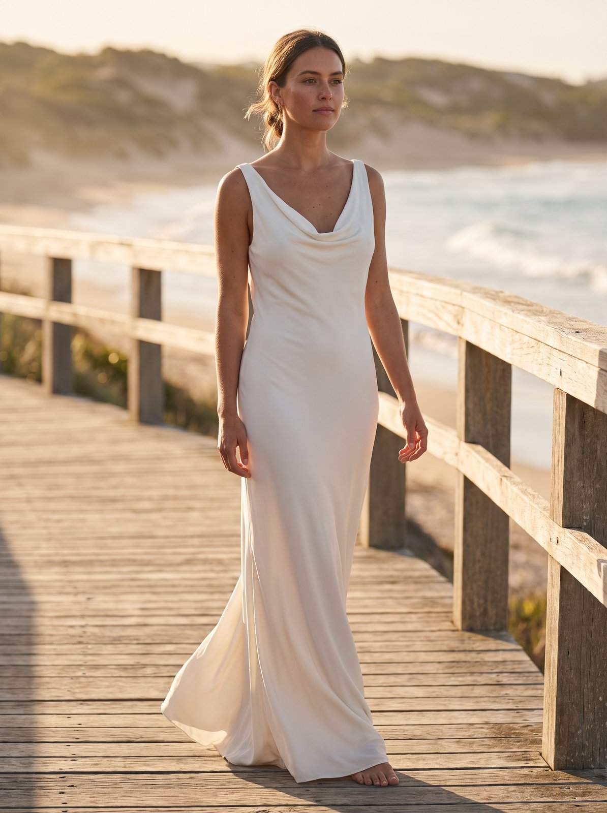 Iris Fluid Ivory Slinky Cowl Neck Maxi Dress by Riley Belle