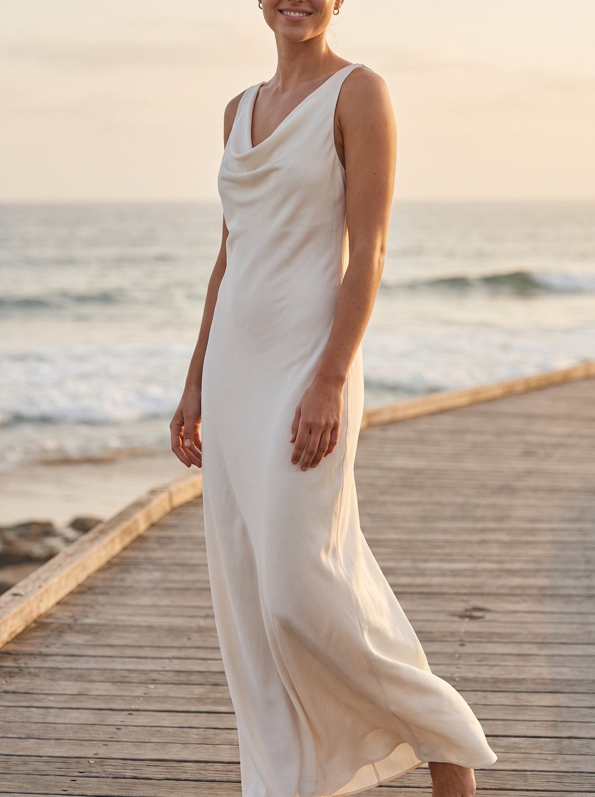 Iris Fluid Ivory Slinky Cowl Neck Maxi Dress by Riley Belle