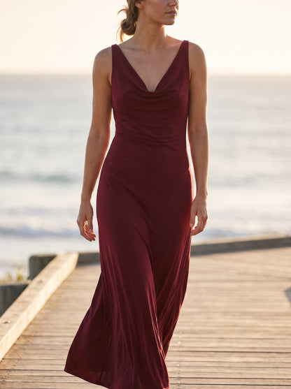 Iris Fluid Wine Slinky Cowl Neck Maxi Dress by Riley Belle
