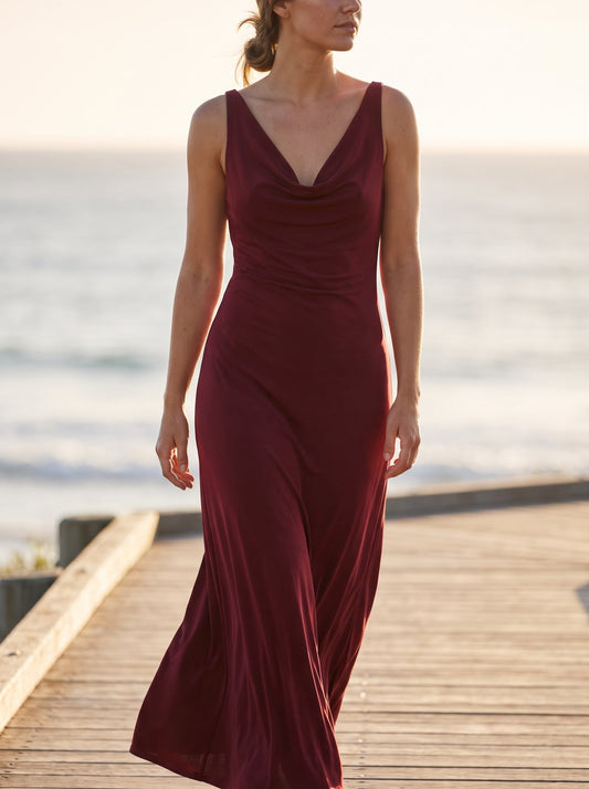 Iris Fluid Wine Slinky Cowl Neck Maxi Dress by Riley Belle