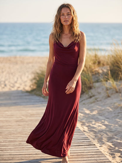 Iris Fluid Wine Slinky Cowl Neck Maxi Dress by Riley Belle