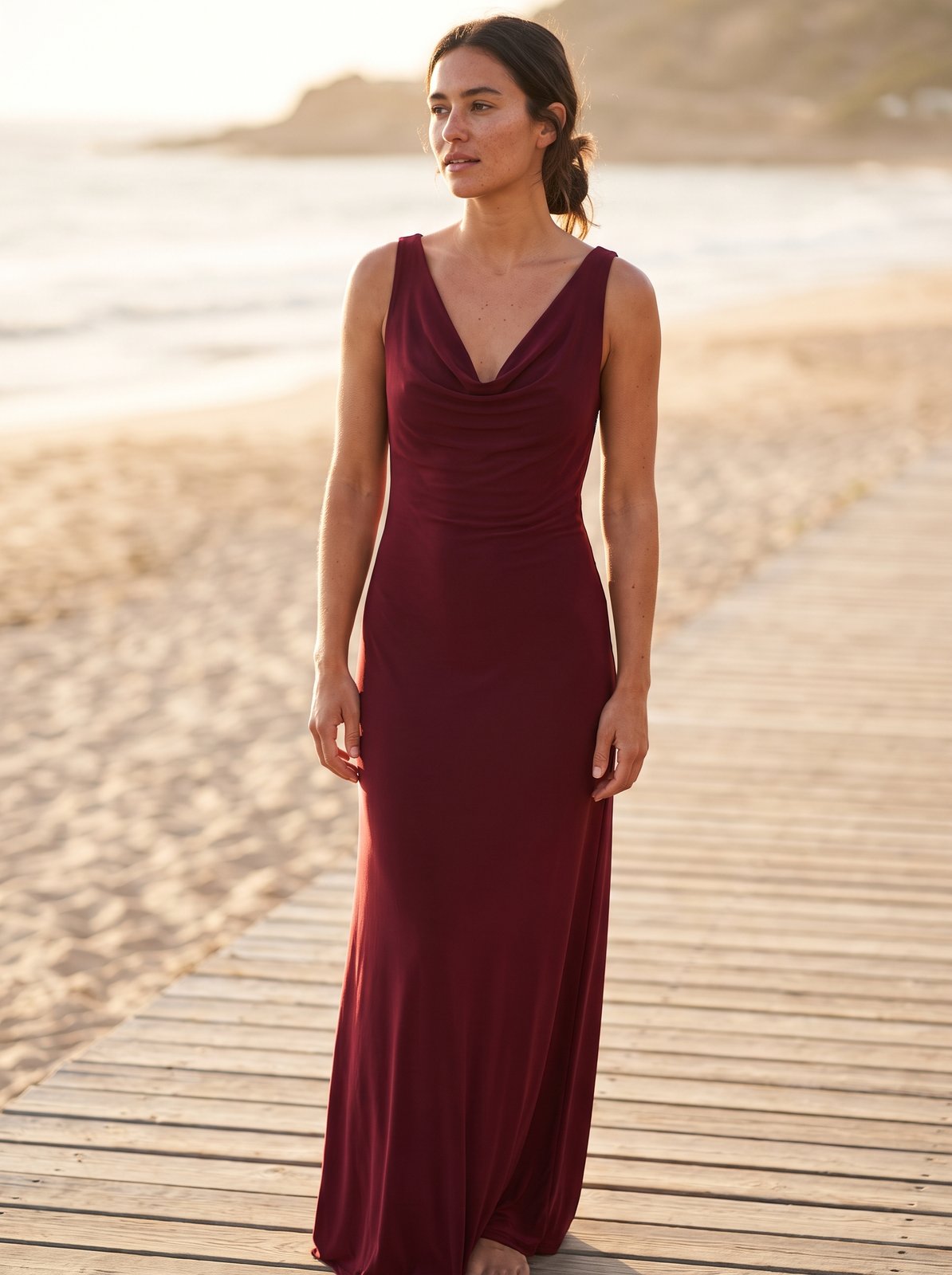 Iris Fluid Wine Slinky Cowl Neck Maxi Dress by Riley Belle