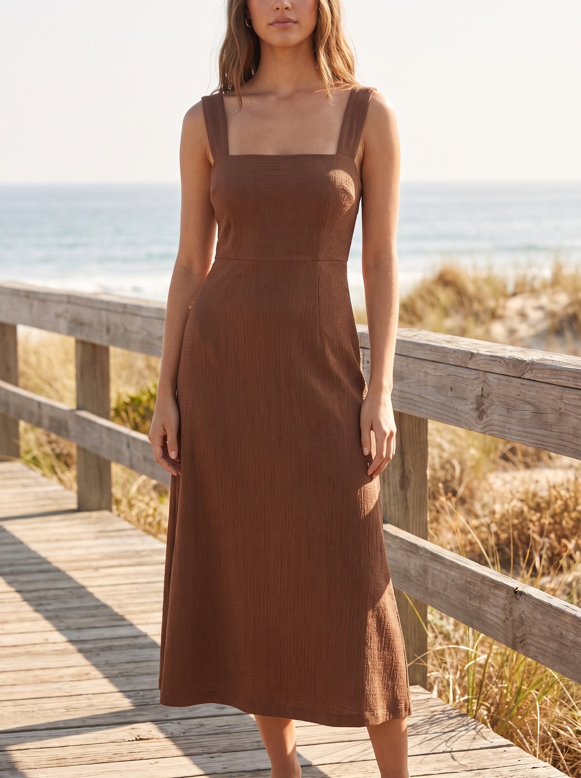 Chocolate brown square neck wedding guest midi dress by Riley Belle