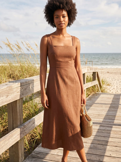 Chocolate brown square neck wedding guest midi dress by Riley Belle