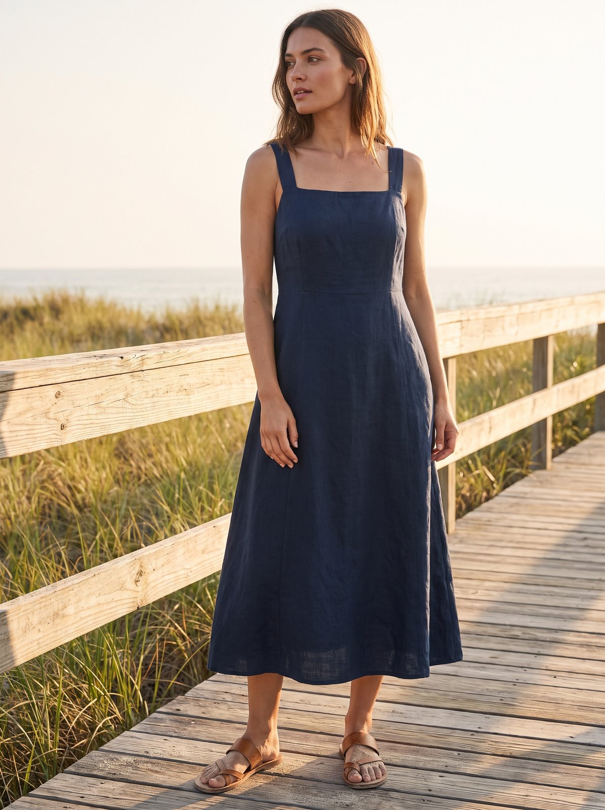 Navy square neck wedding guest midi dress by Riley Belle