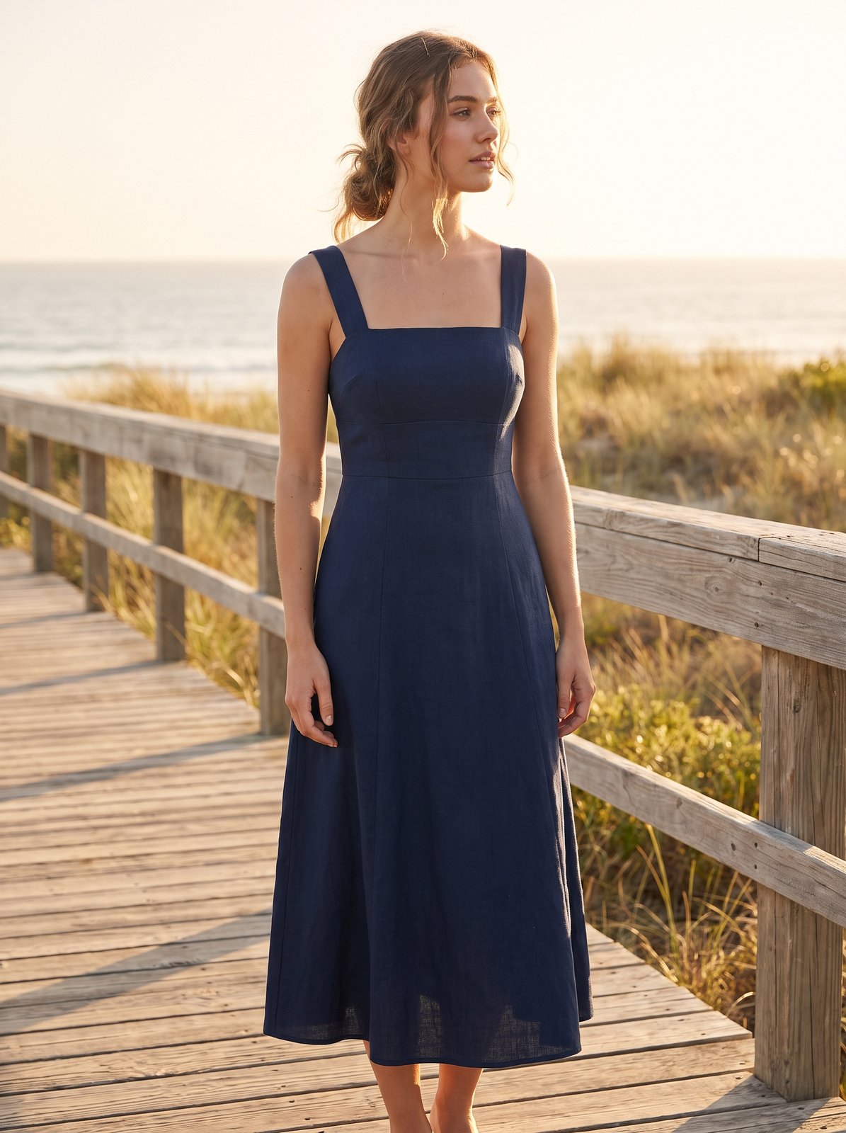 Navy square neck wedding guest midi dress by Riley Belle