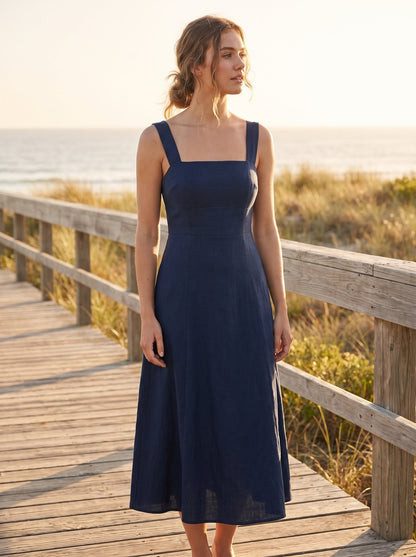 Navy square neck wedding guest midi dress by Riley Belle