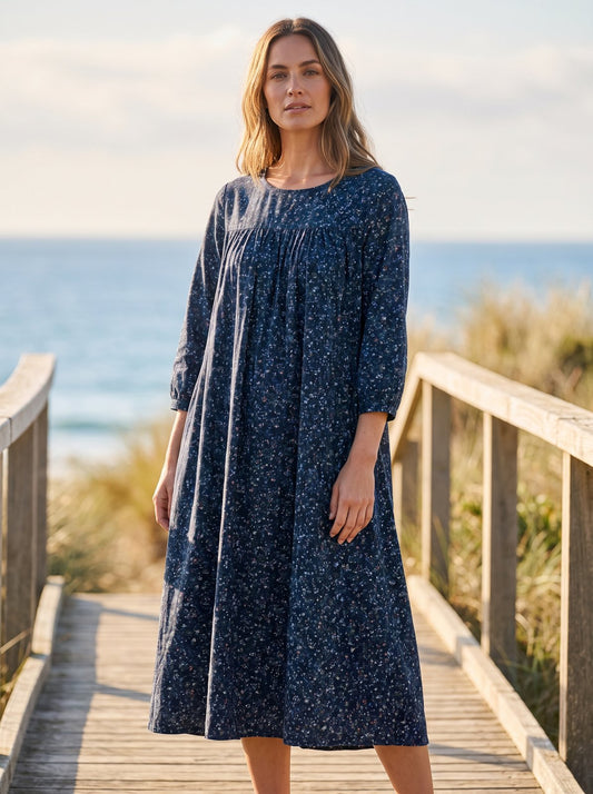 Navy floral smock summer midi dress by Riley Belle