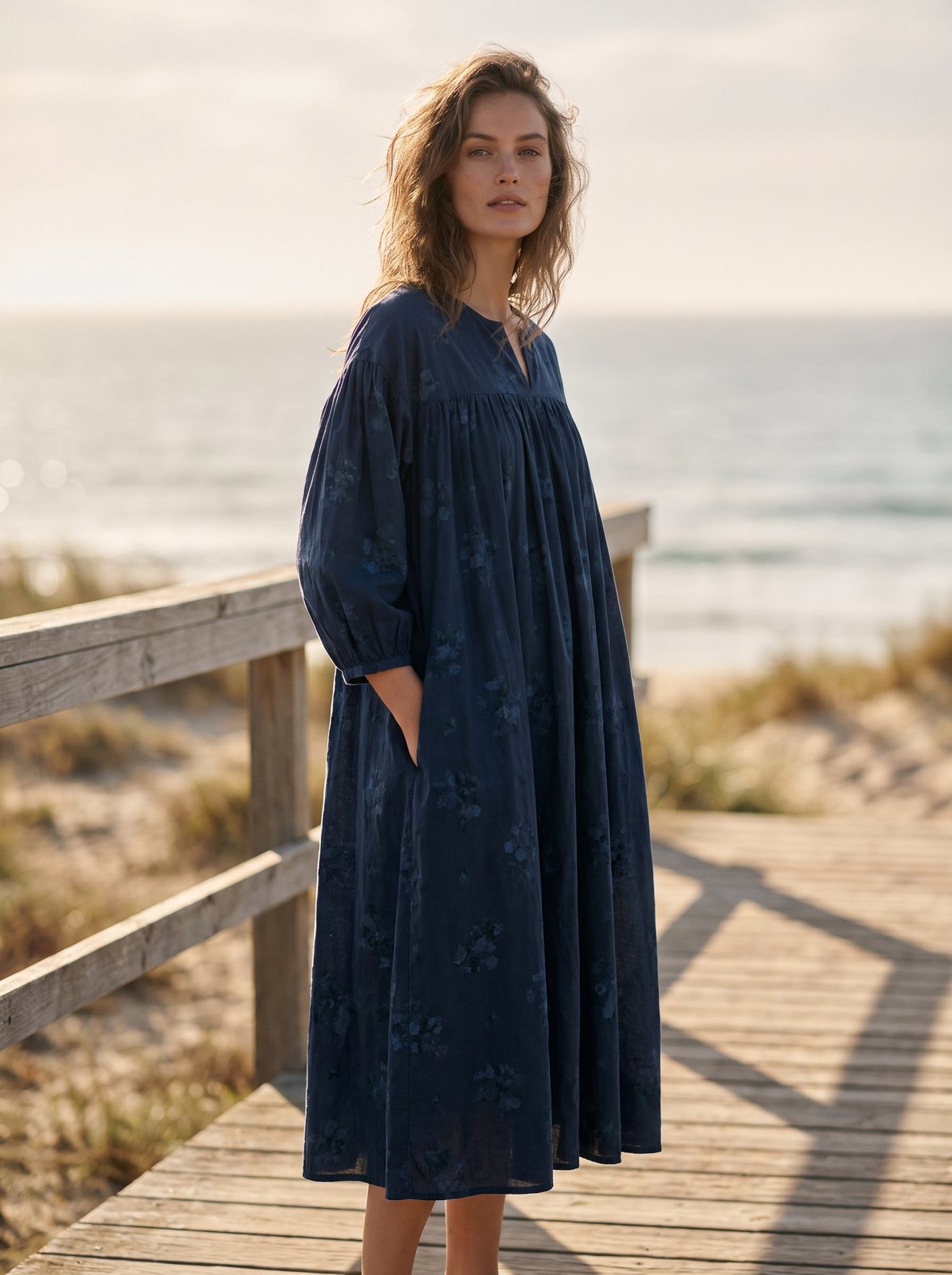 Navy floral smock summer midi dress by Riley Belle