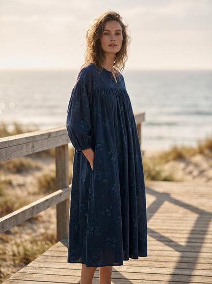 Navy floral smock summer midi dress by Riley Belle