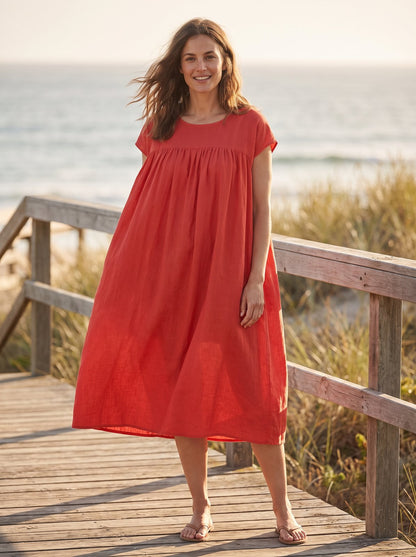 Red smock summer midi dress by Riley Belle