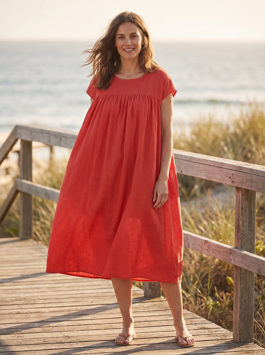 Red smock summer midi dress by Riley Belle