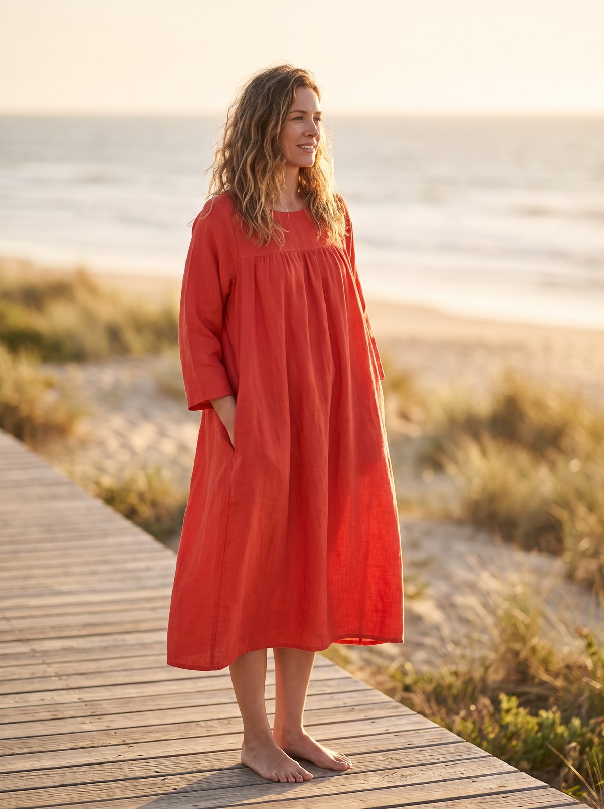 Red smock summer midi dress by Riley Belle