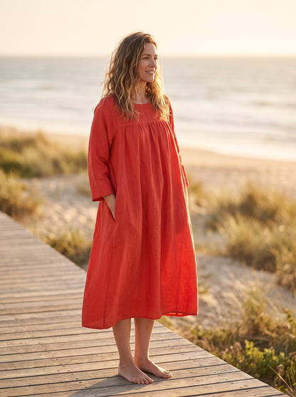 Red smock summer midi dress by Riley Belle