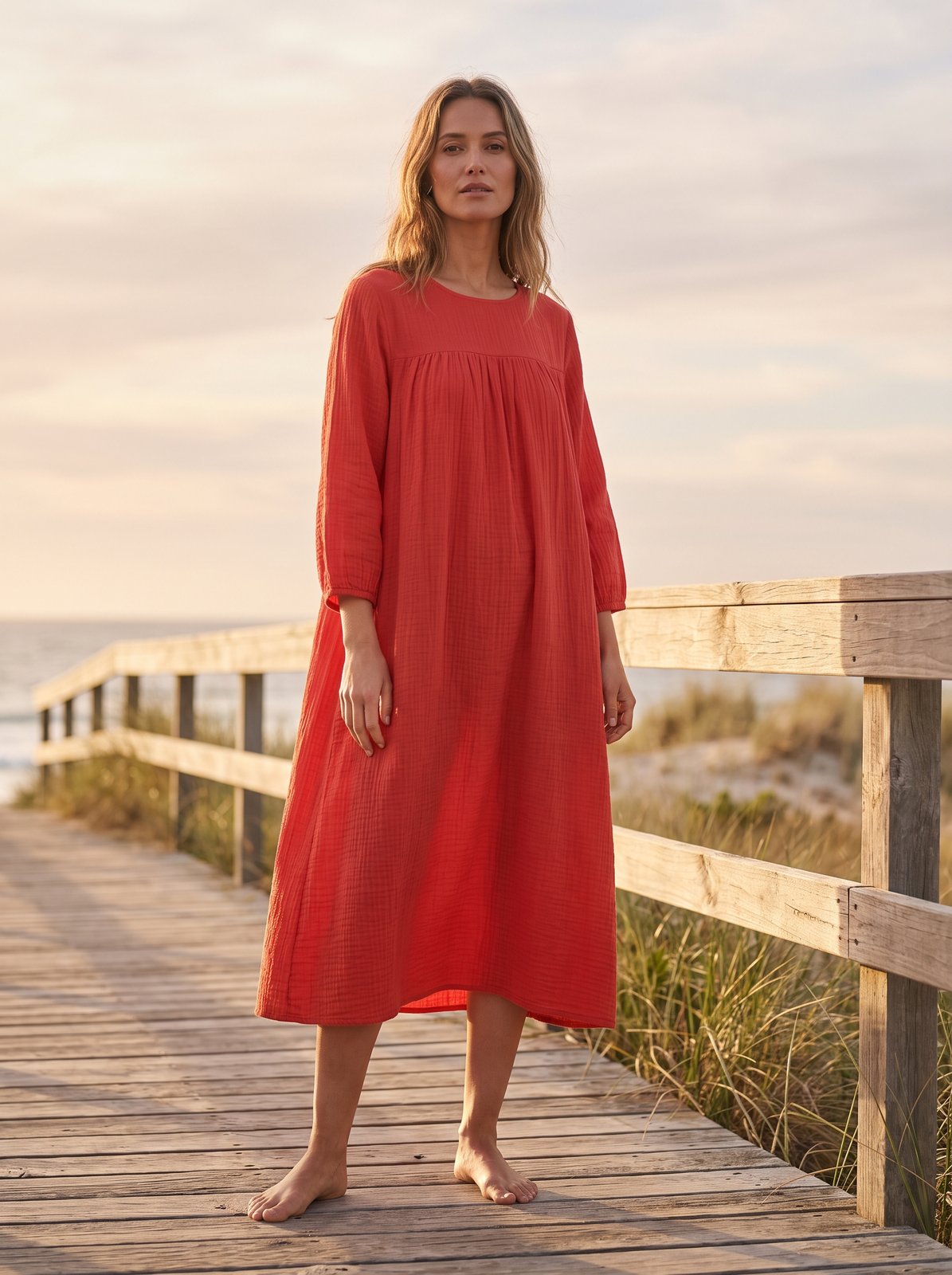 Red smock summer midi dress by Riley Belle