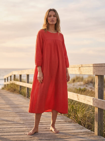 Red smock summer midi dress by Riley Belle