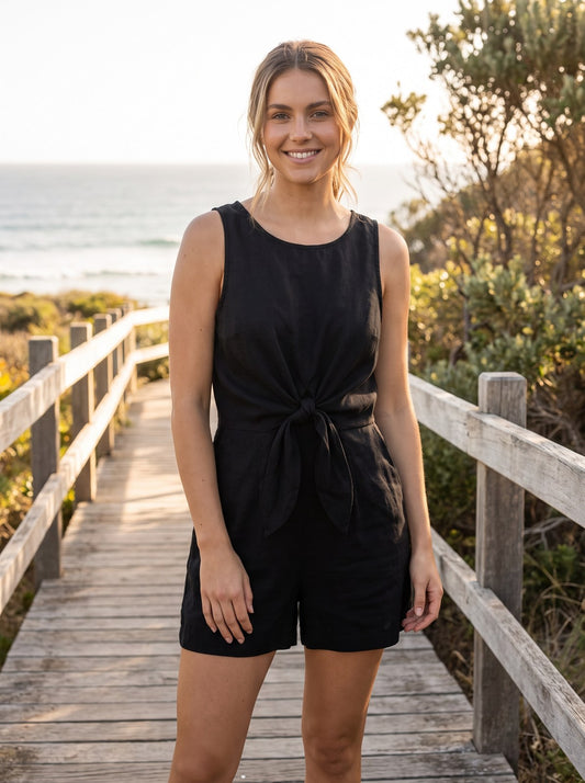 Jules Festive Tie Front Black Playsuit by Riley Belle