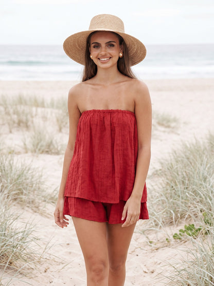 Jules Festive Tie Front Red Playsuit by Riley Belle