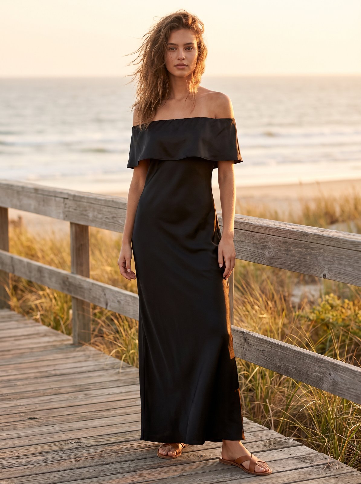 Black satin off shoulder cocktail maxi dress by Riley Belle