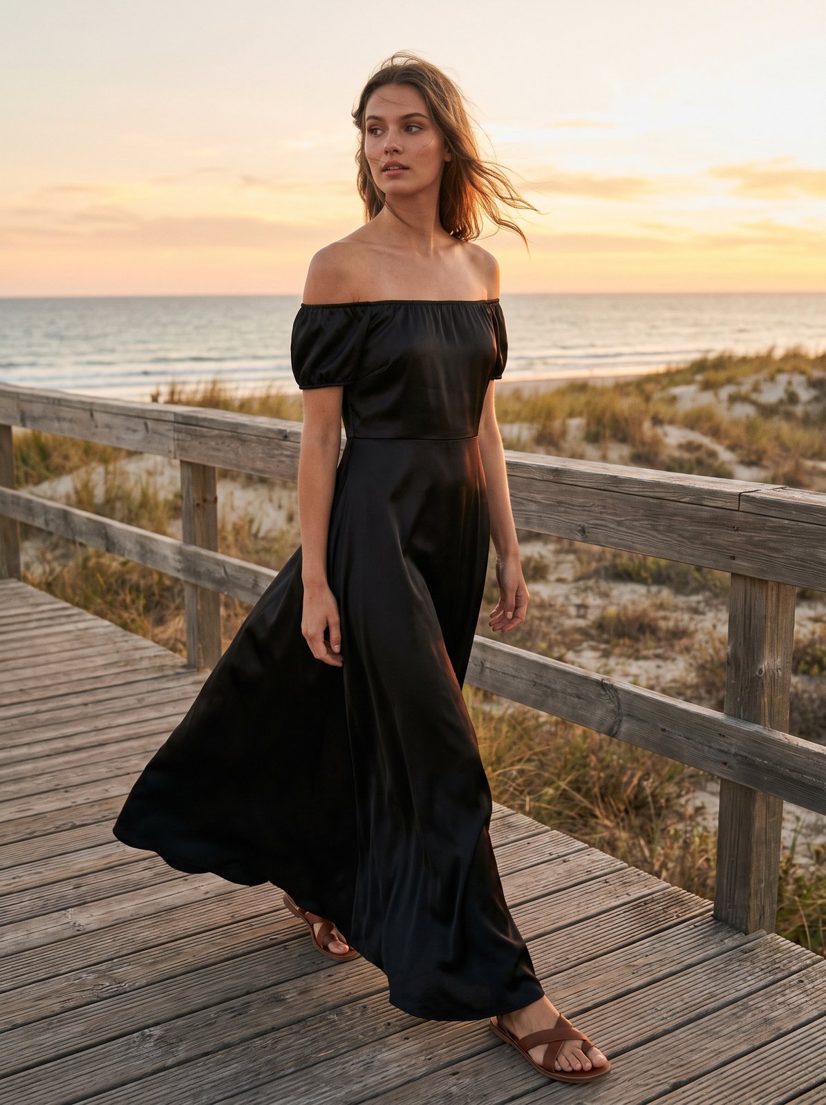 Black satin off shoulder cocktail maxi dress by Riley Belle